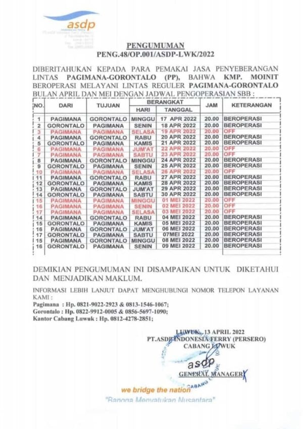 Jadwal Kapal Fery Dari Gorontalo ke Pagimana