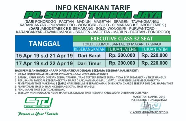 Harga Tiket Bus Sudiro Tungga Jaya