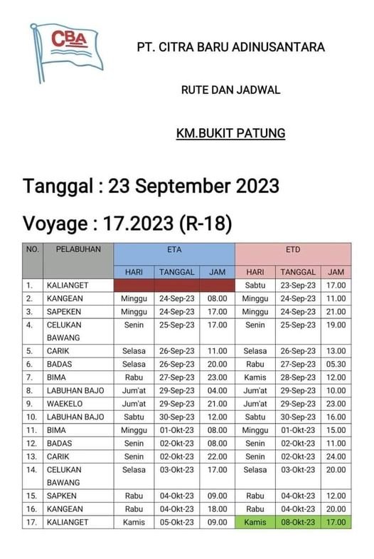 Jadwal KM BUKIT PATUNG