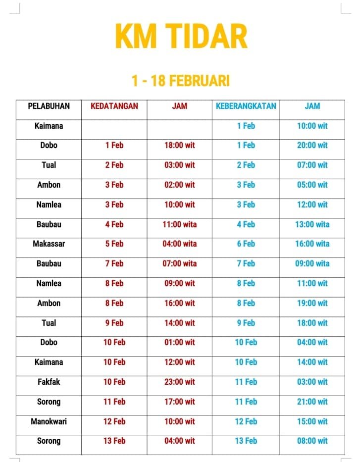 Update Jadwal Kapal Pelni KM Tidar Bulan Februari 2021 Dan ...