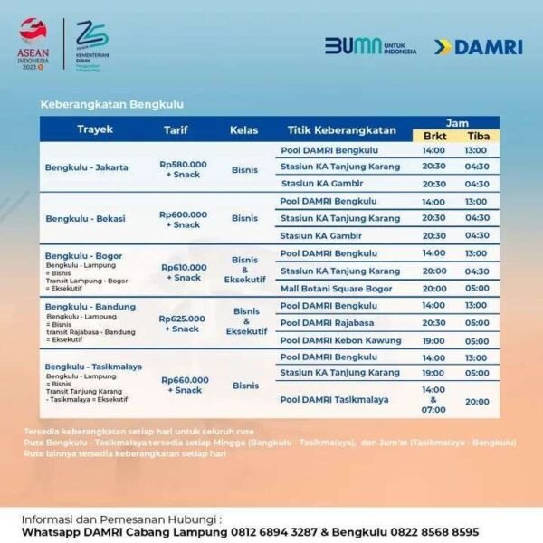 Harga Tiket Bus Damri Dari Bengkulu