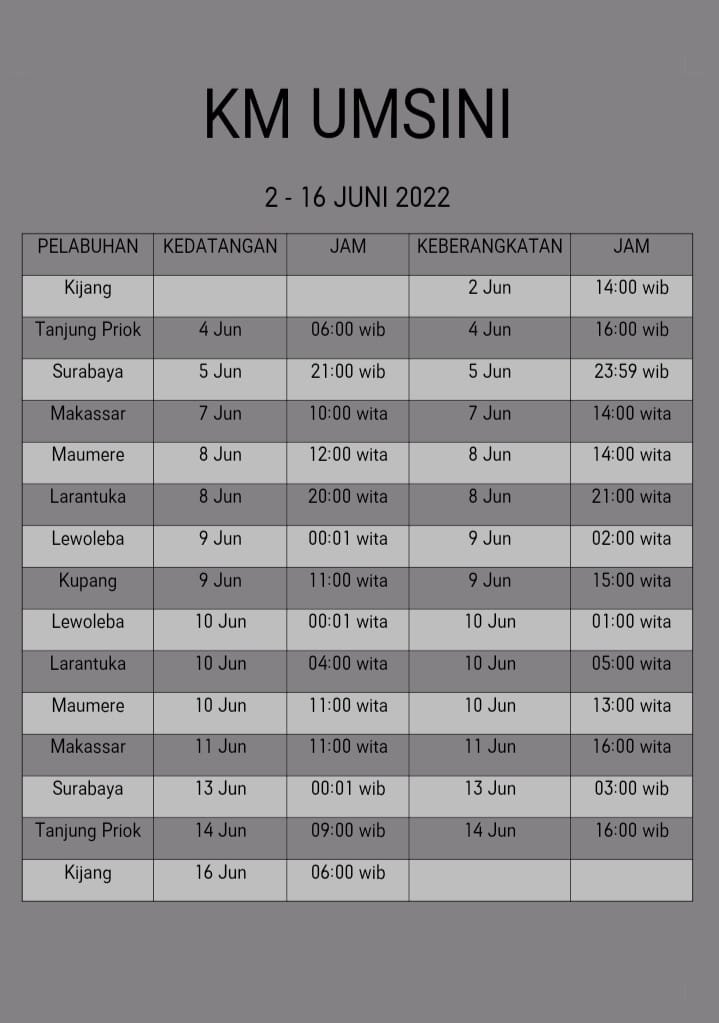 Jadwal Kapal Pelni KM Umsini Bulan Juni