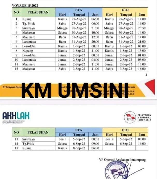 Jadwal Kapal Pelni KM Umsini Bulan Oktober 2022 Dan Harga Tiketnya KATA OMED