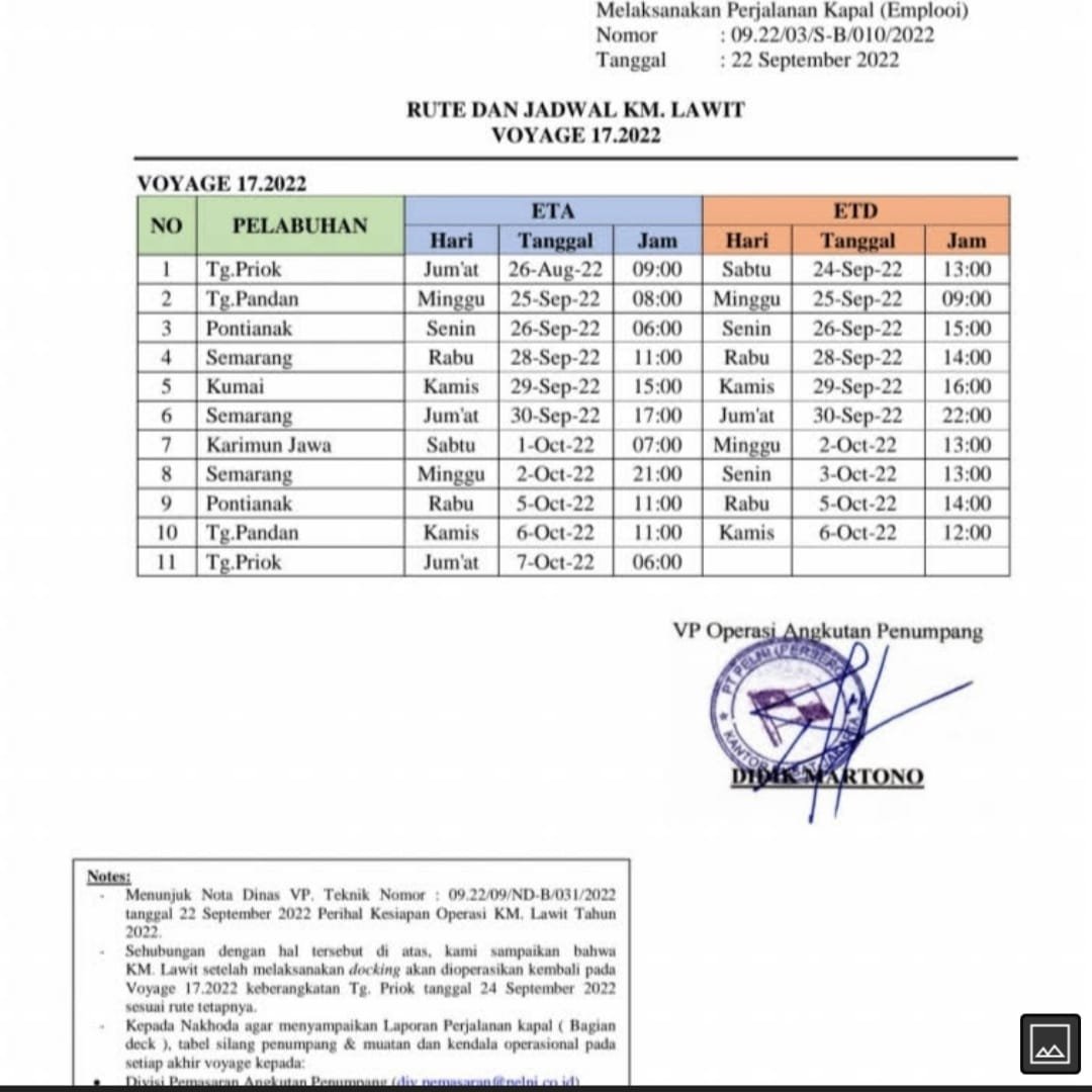 jadwal km lawit bulan oktober