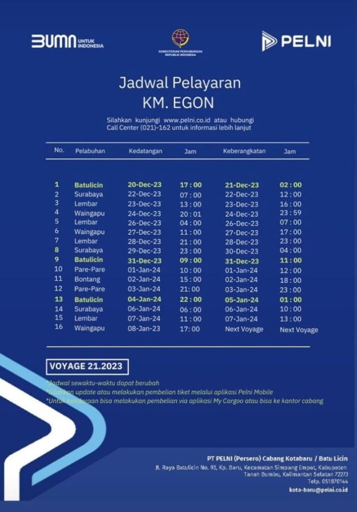 Update Jadwal Kapal Pelni Egon Bulan Januari 2024 & Harga Tiketnya ...