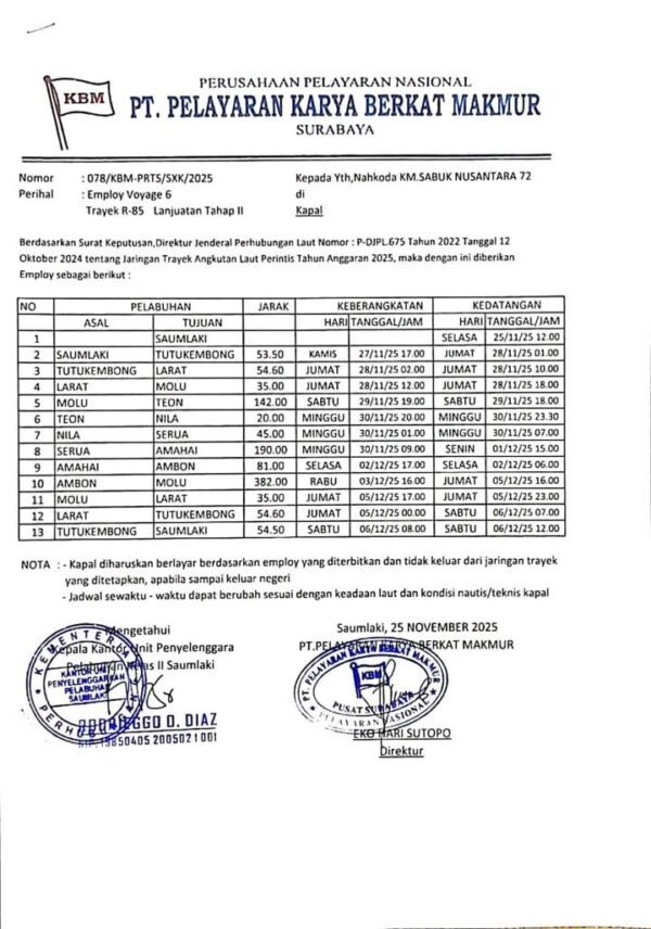 Jadwal KM Sabuk Nusantara 72