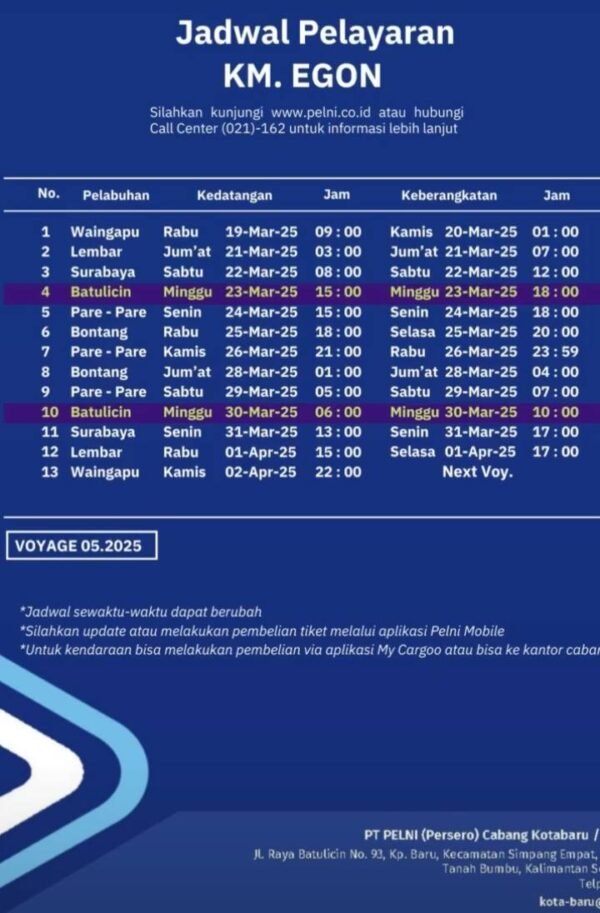 Jadwal Kapal Pelni Egon bulan Maret