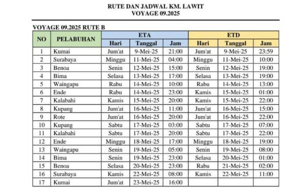 jadwal KM Lawit bulan Mei