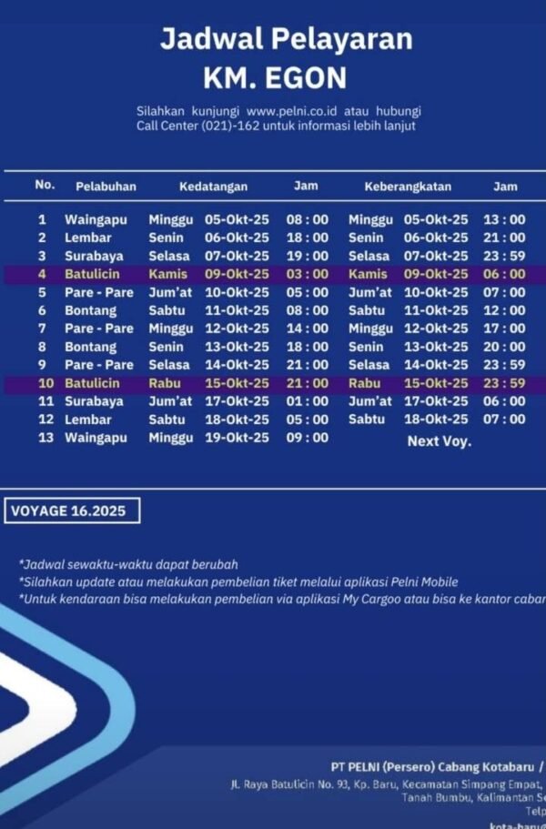 Jadwal Kapal Pelni Egon Oktober 2025