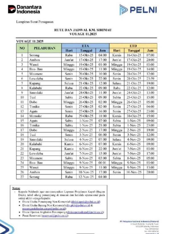 Jadwal km sirimau bulan oktober 2025