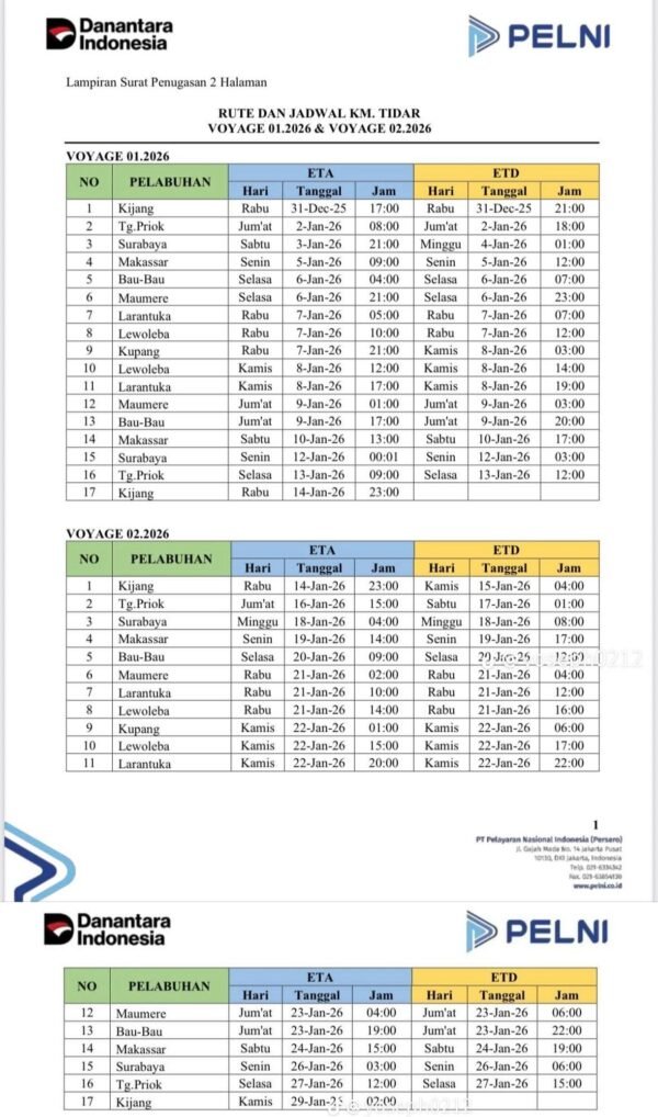 Jadwal Pelayaran KM Tidar bulan Januari