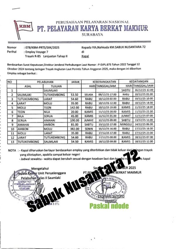 Jadwal Terbaru Kapal Sabuk Nusantara 72