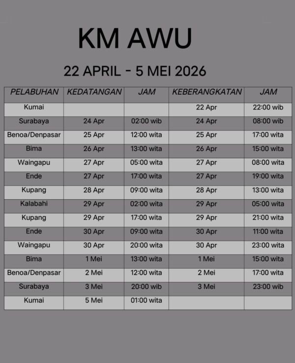 Jadwal Kapal Pelni KM AWU April-Mei 2026