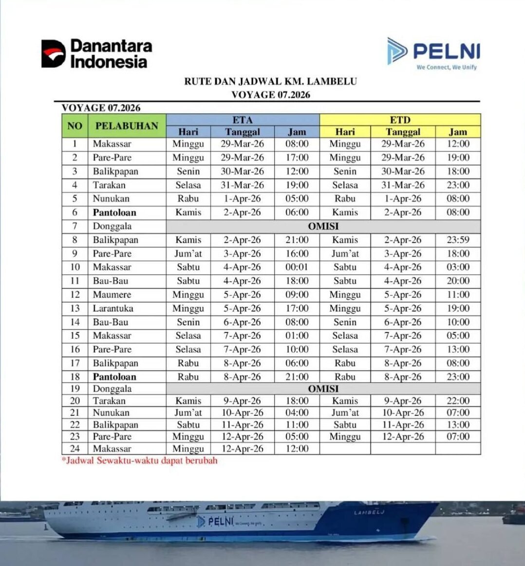 Jadwal Kapal Pelni Lambelu bulan April 2026