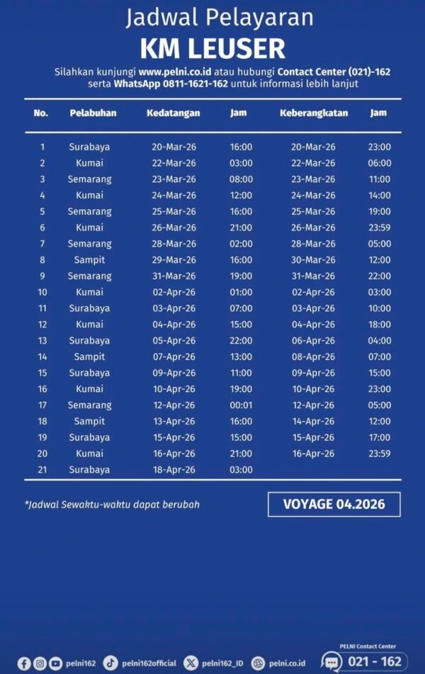 Jadwal Kapal Pelni Leuser April 2026
