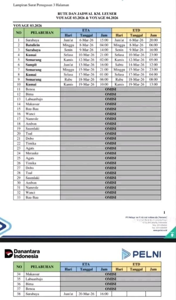 jadwal kapal leuser bulan maret 2026