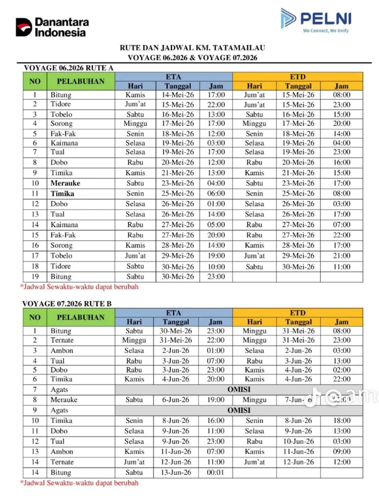 Jadwal Kapal Pelni Tatamailau Juni 2026