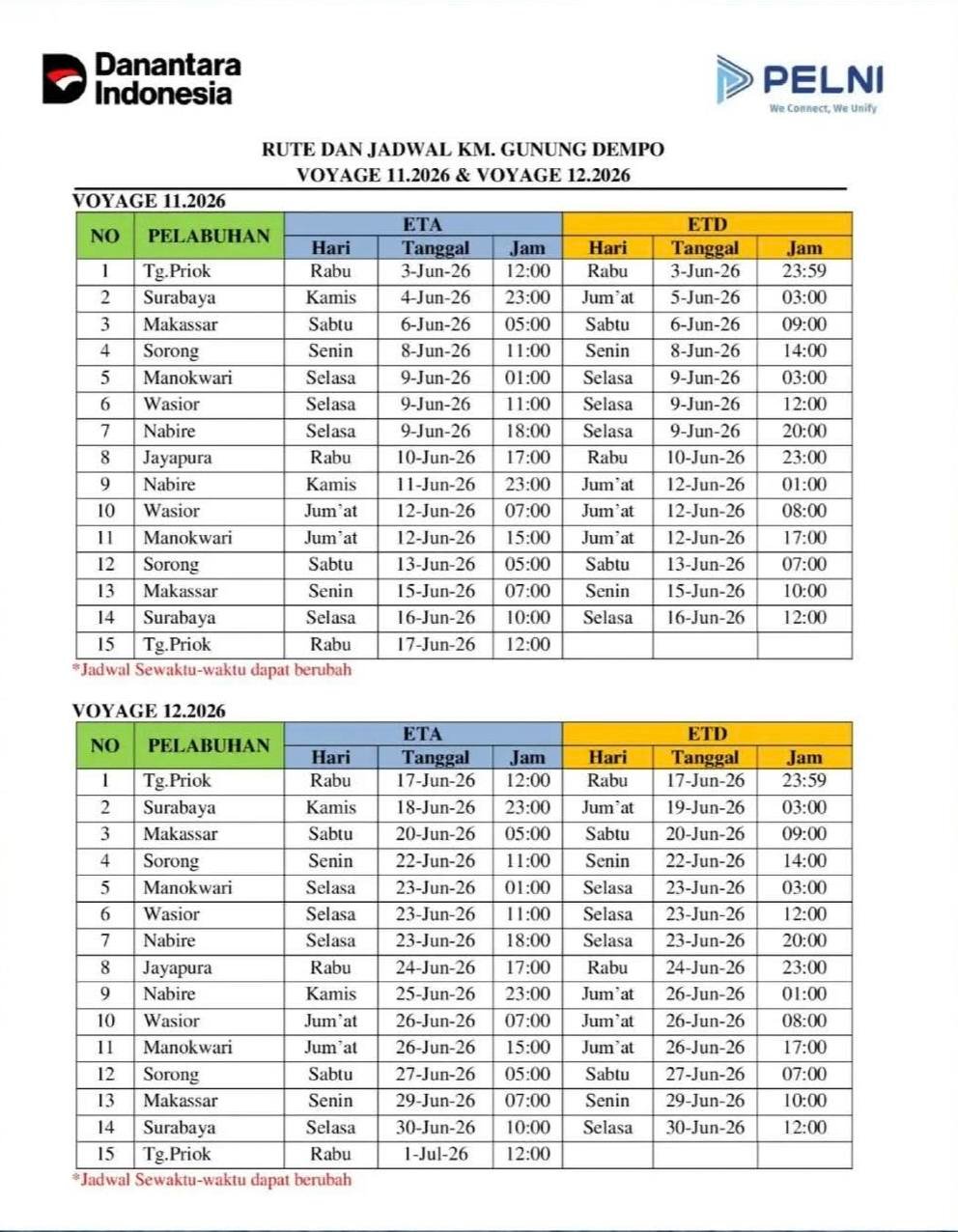 Jadwal Kapal Pelni KM Gunung Dempo Juni 2026